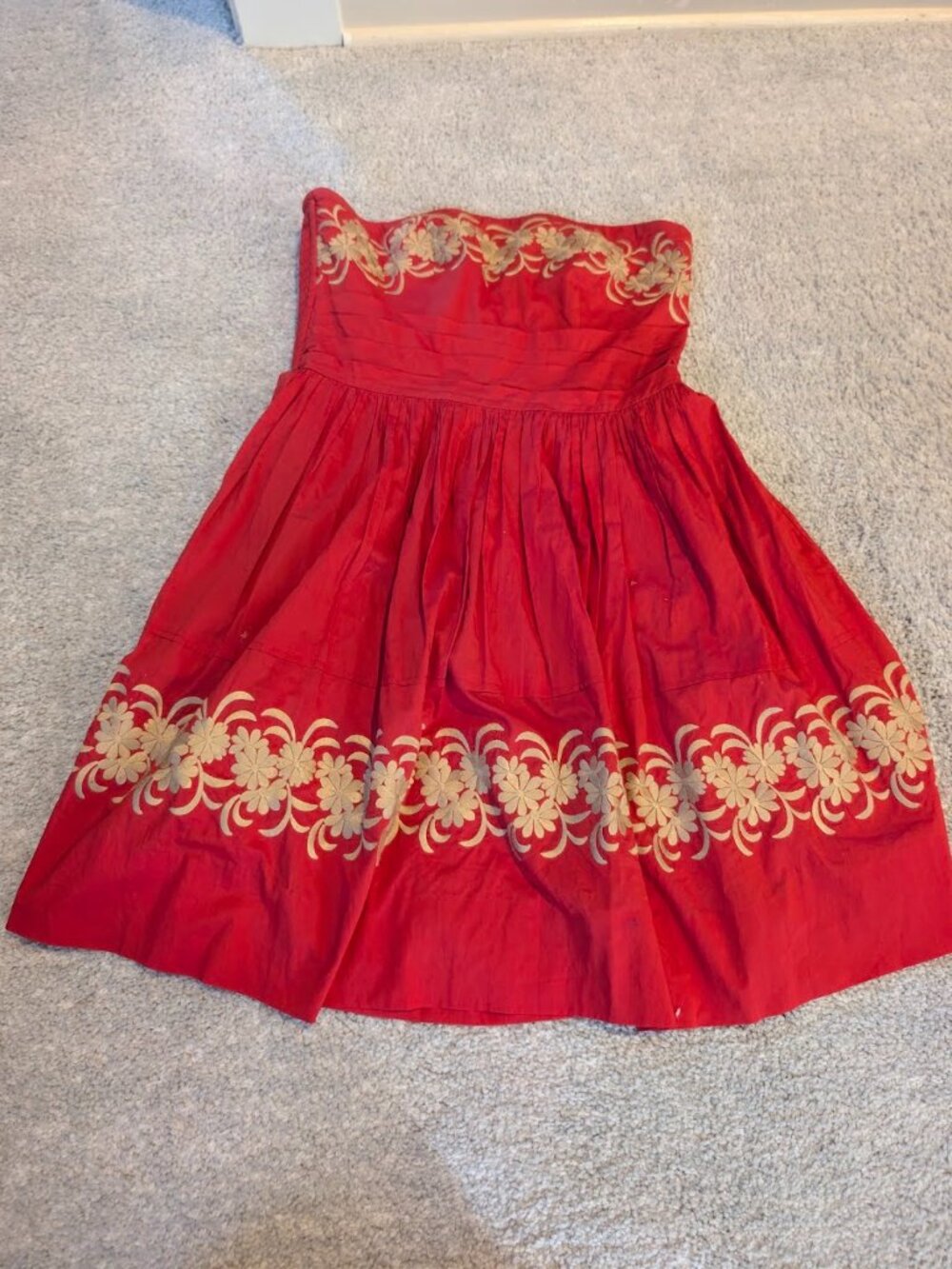Girls from Savoy Red Strapless Dress with Gold Floral Embroidery 6 Medium Gown